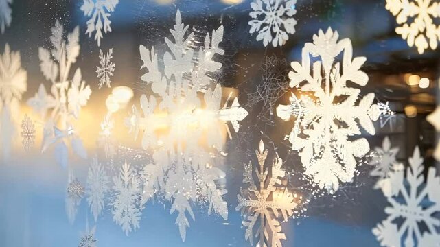 A close-up of delicate white snowflake decals adorning a window, with a soft winter glow and blurred background lights. The image captures a cozy and festive holiday atmosphere, perfect for seasonal 