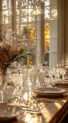 Autumnal table setting, sunlit dining room, fall foliage view