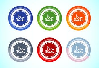 Halal icon design illustration, Halal Certificate tag, Islamic approved sign, 6 color button design set