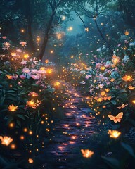 A serene pathway through a magical forest filled with blooming flowers and glowing fireflies, creating an enchanting atmosphere for a peaceful evening stroll