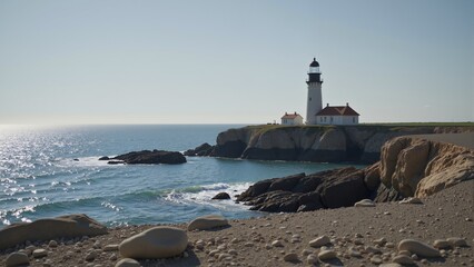 Coastal Lighthouse in France Marseille stands on rocky beach, ocean calm with jagged rocks below. Concept of Coastal Lighthouse in France Marseille highlights serene landscape.