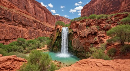 A waterfall cascades into a turquoise pool, surrounded by towering red rock cliffs and lush greenery. Desktop wallpaper