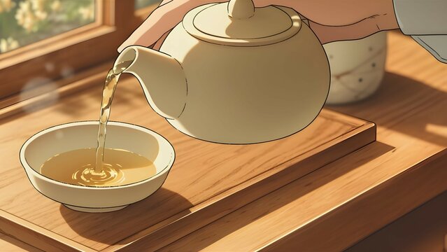 Pouring green tea from a teapot into cup, Close up, Anime Style