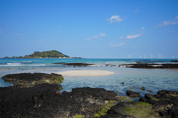 Obraz premium fine seascape with mossy rocks and sand bar