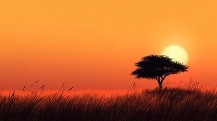 Serene Sunset Silhouette: Acacia Tree and Golden Horizon in the Distance