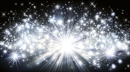 Obraz premium Radiant white sparkles and light flares against a black background, evoking celestial beauty.