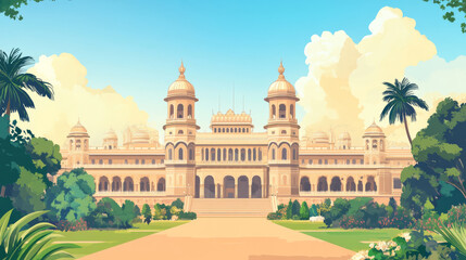 Majestic palace with lush gardens under clear sky