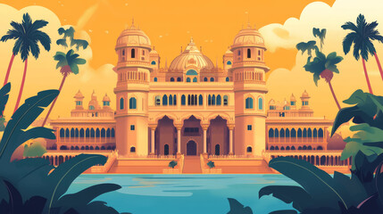 Majestic palace with palm trees and serene water