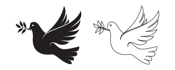 Dove of peace with an olive branch vector icon silhouette on a white background