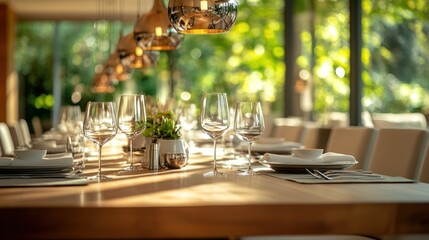 Elegant restaurant table setting, sunlit garden view, fine dining,  website banner