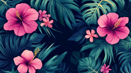 Tropical floral card with lush pink hibiscus blooms