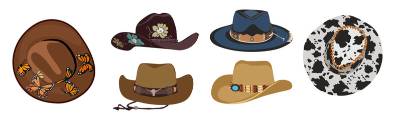 Set of different cowboy hats with traditional western decorations. Wild west fashion style. Cowgirl hats Vector realistic illustrations isolated 