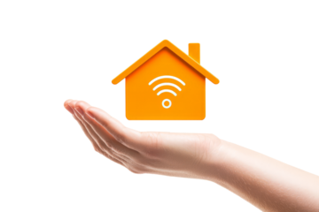 Hand holding a house with WiFi and smart technology icons, representing modern home automation, isolated on white