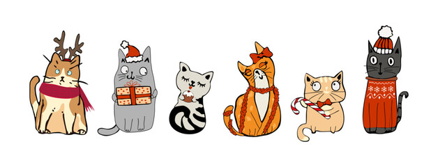 Fototapeta premium Collection of adorable Christmas cats with holiday elements - Santa hat, candy cane, ugly sweater. Set of cute pet animals, funny Xmas cards. Vector illustrations isolated