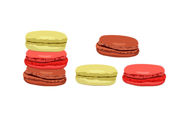 Sweet macaroon. French macaron dessert. Almond pastry with cream filling. Sugar biscuit with chocolate, strawberry, pistachio flavor. Vector realistic food illustration isolated 