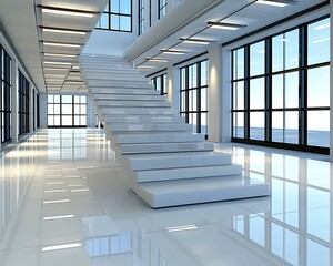 Modern office with white staircase.