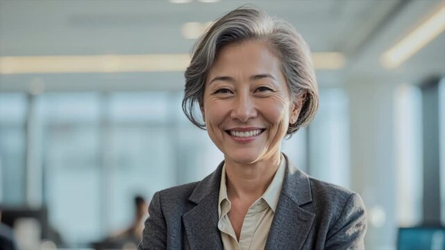 A confident old woman smiling with crossed arms in a professional office environment, success and institutionalization.
