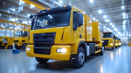 Naklejka premium Yellow truck in factory production line