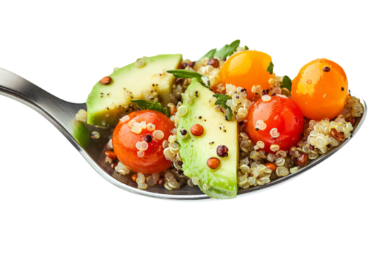 Nutritious quinoa salad on a spoon with avocado and cherry tomatoes, white background