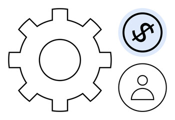 Gear symbolizing processes, dollar sign for financial themes, and user icon for people focus. Ideal for business, management, finance, systems, productivity teamwork marketing. Flat simple metaphor