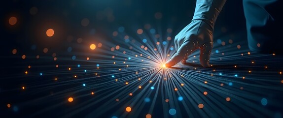 Abstract aesthetic visualizing AI autonomy and automation innovation. Hand Touching Light Rays Symbolizing Automated Task Completion Goal