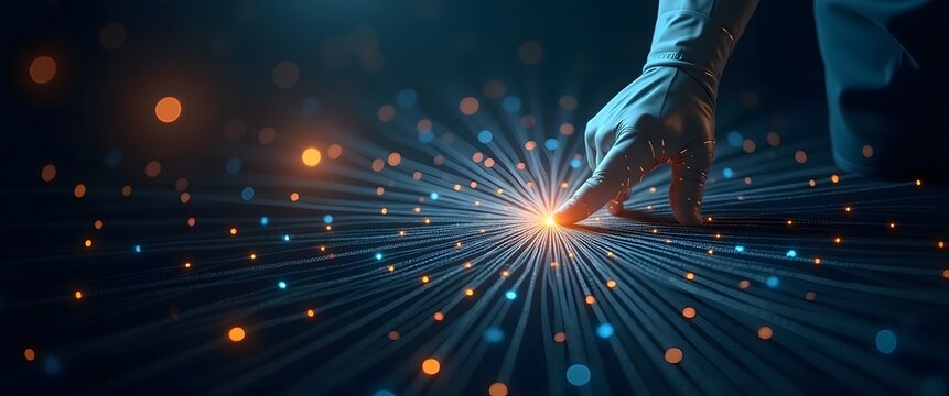 Abstract aesthetic visualizing AI autonomy and automation innovation. Hand Touching Light Rays Symbolizing Automated Task Completion Goal