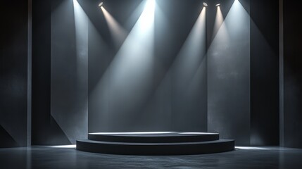 Abstract geometric podium with sharp angles, highlighted by multiple spotlights