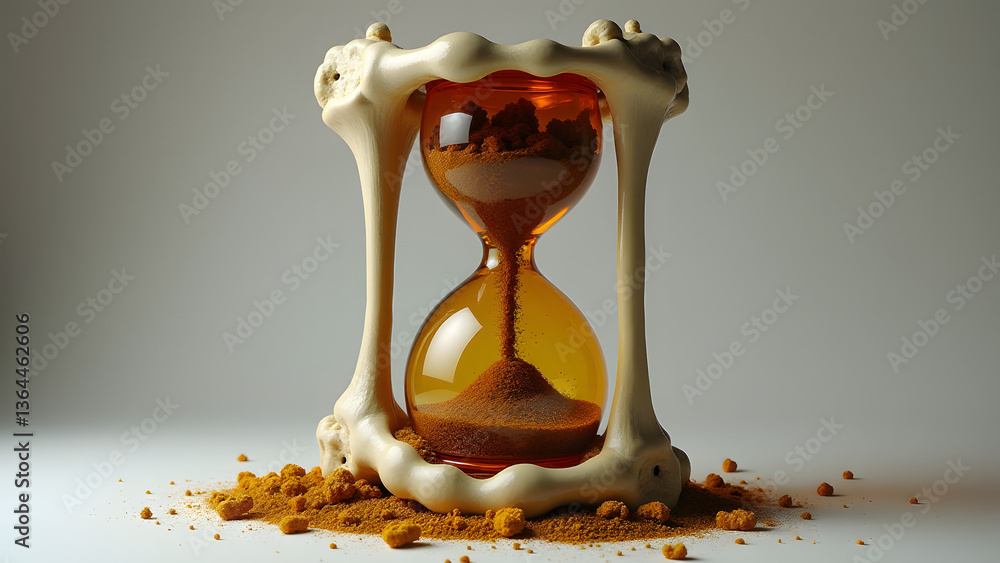 Aufkleber psychological hourglass where sands become fear-objects within a bone and amber frame that responds 