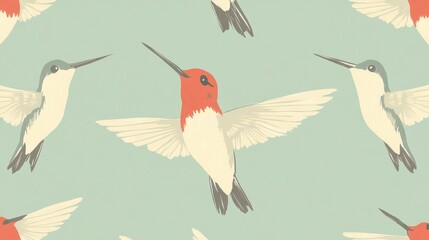 Obraz premium Hummingbird Seamless Pattern with Floral Bird, and Nature.