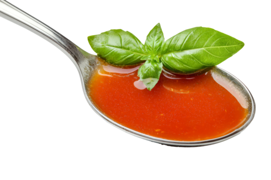 Rich tomato soup on a silver spoon with a fresh basil leaf, isolated on white