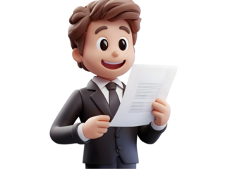 Cartoon businessman character reading a paper document or report smiling