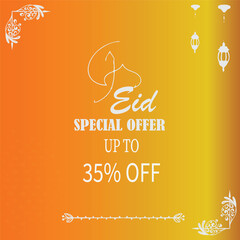 Eid special offer. Eid mega sale. Up to 35% off. Light grey theme vector EPS  editable file isolated on orange background.