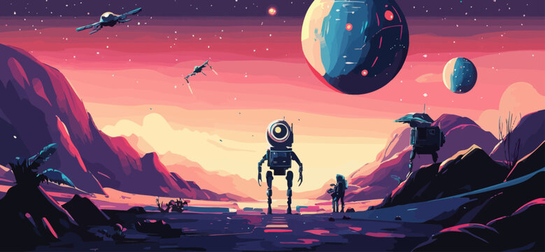 AI-Powered Space Exploration: Robots and Drones on Alien Terrain Vector Illustration