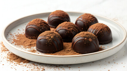 Delicious chocolate candies on a plate with a white background