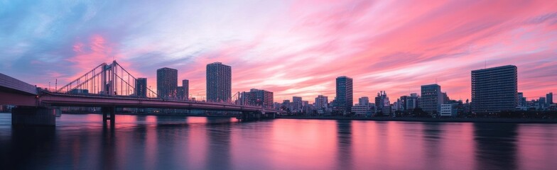 Fototapeta premium A Stunning Skyline at Sunset Featuring a Long Bridge Over the River
