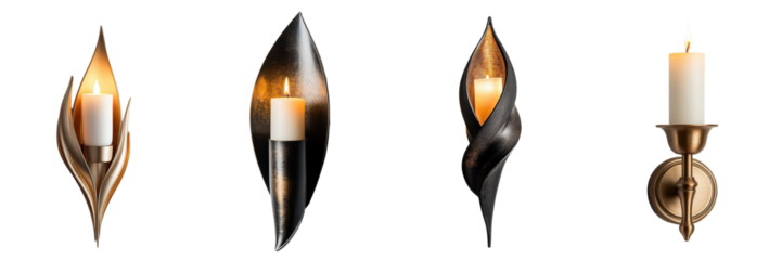A set of contemporary wall-mounted candle sconces designed for sophisticated home interiors. Isolated on transparent background