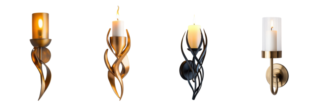A collection of stylish wall-mounted candle sconces for modern home lighting decor. Isolated on transparent background - Powered by Adobe
