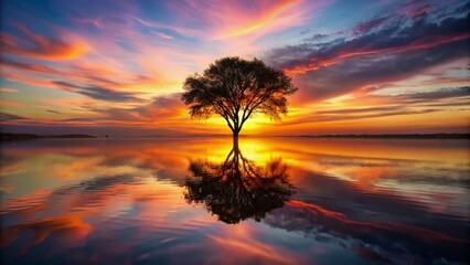 Obraz premium Heart Shaped Tree Silhouette Sunset Reflection - Surreal Nature Photography