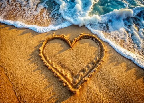 Heart Washed Away by Ocean Wave: Panoramic Top View of Sand, Ending Relationship