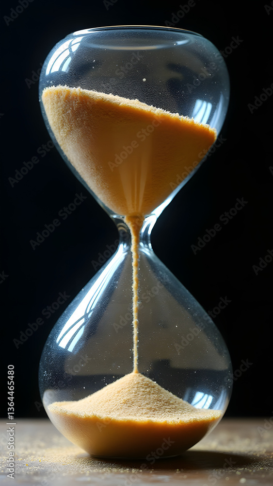 Poster temporal hourglass where a percentage of sands flow backward within a mobius strip frame that visual
