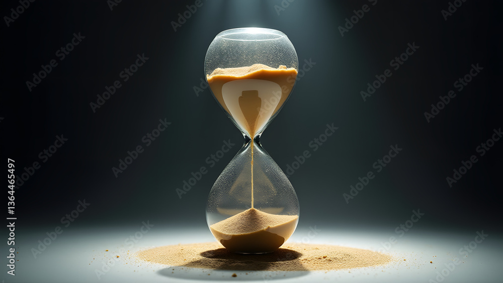 Poster temporal hourglass where a percentage of sands flow backward within a mobius strip frame that visual