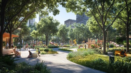 Obraz premium Vibrant city center showcasing multifunctional spaces bustling with activity and diverse urban life.