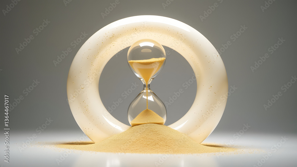 Poster creation hourglass where sands materialize from nothingness at the neck within a pearlescent torus f