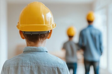 Young Boy in Yellow Hard Hat Observing Construction Site with Adults Nearby