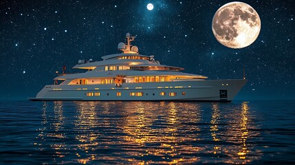 Luxurious yacht at night under a full moon
