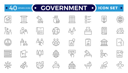Government outline icon set. Containing community center, public park, city hall, government, policy, needs, community, public finance, interest, volunteer, electricity. Editable stroke outline icon.
