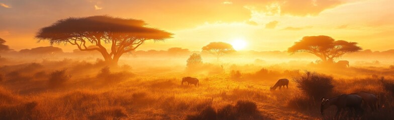 Obraz premium Golden Sunrise Illuminates the African Savannah Wildlife and Acacia Trees