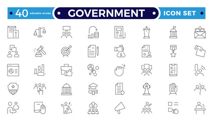 Government outline icon set. Containing community center, public park, city hall, government, policy, needs, community, public finance, interest, volunteer, electricity. Editable stroke outline icon.