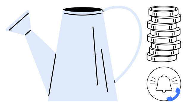 Watering can symbolizes nurturing, coins represent wealth accumulation, and bell conveys alerts or reminders. Ideal for finance, growth, productivity, notifications, investments, savings plans flat