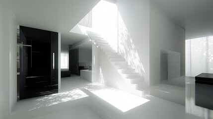 A modern bright interior features white stairs and lots of light
